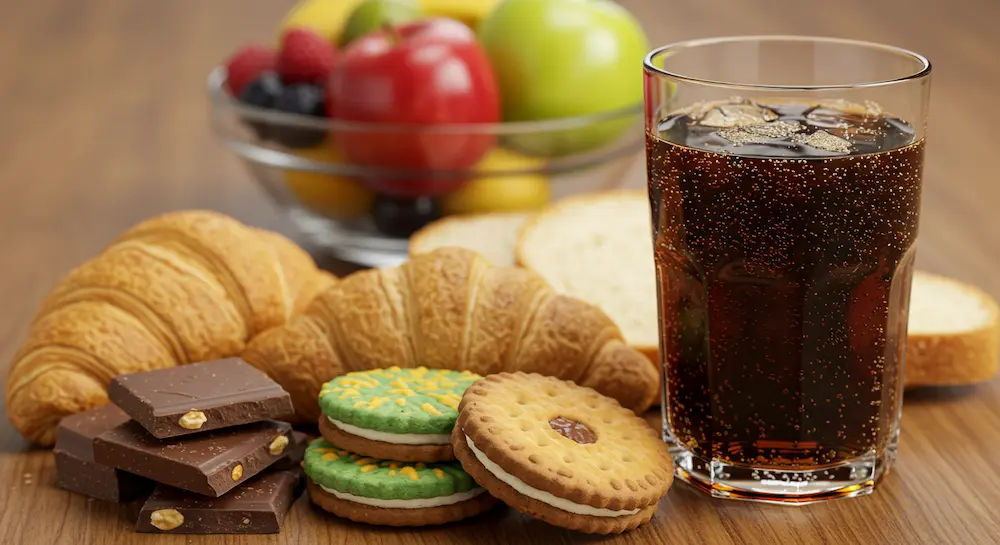 Doces, bolachas, pão branco e refrigerante representando açúcares e carboidratos refinados que contribuem para o inchaço na TPM.