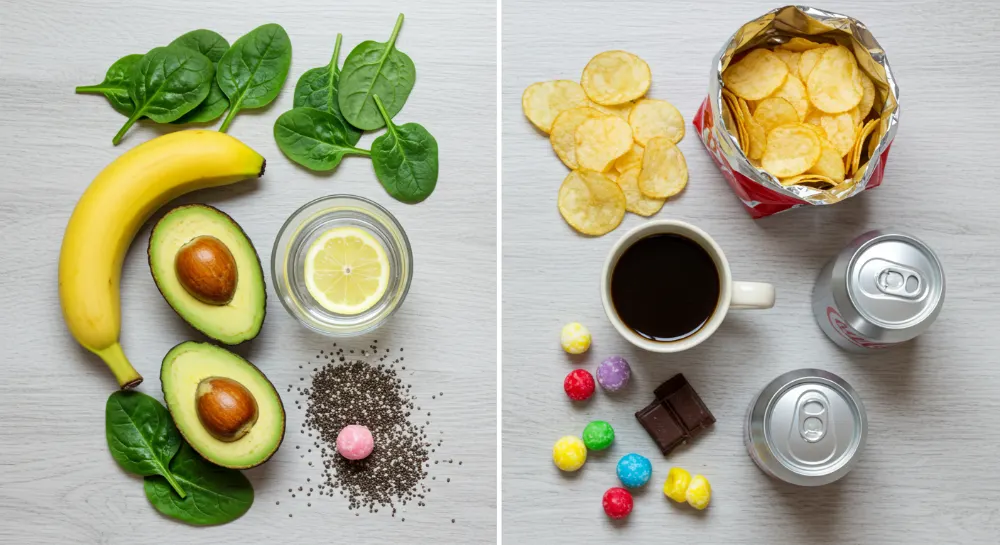 Comparativo visual entre alimentos saudáveis que aliviam sintomas da TPM e alimentos processados que aumentam o inchaço pré-menstrual.