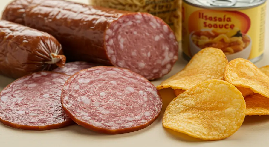 Exemplos de alimentos ricos em sódio que pioram inchaço na TPM: embutidos, salgadinhos, macarrão instantâneo e processados.