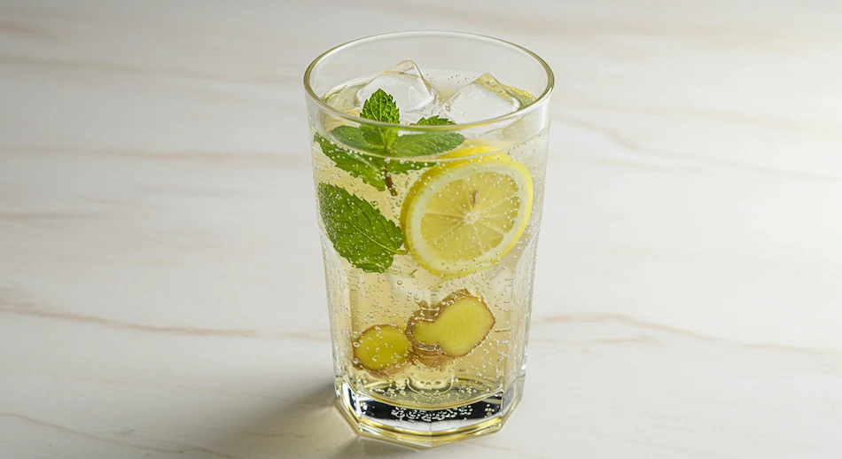 Mocktail refrescante Leveza da Lua com limão, gengibre e hortelã em copo alto com gelo, ideal para aliviar o inchaço na TPM.