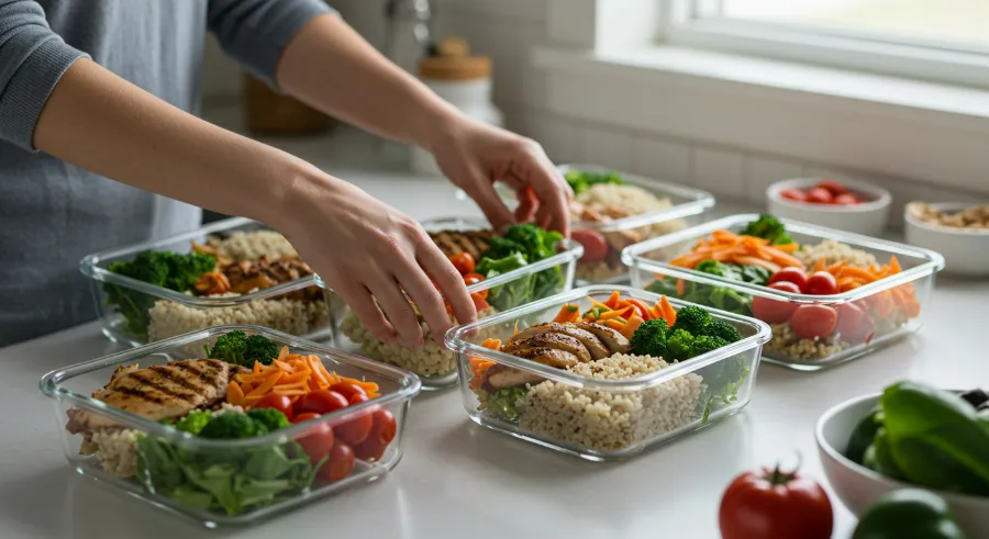 Mãos organizando marmitas de vidro com refeições saudáveis (frango/tofu grelhado, vegetais, quinoa, salada) em uma bancada de cozinha.