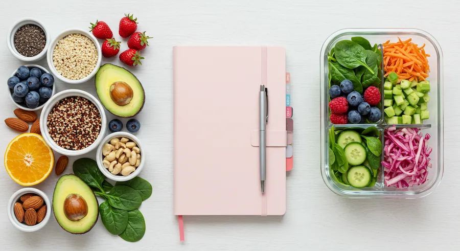 Ingredientes frescos (abacate, frutas vermelhas, espinafre, quinoa, nozes) ao lado de um planner, uma caneta e marmita de vidro organizada com salada colorida, representando o planejamento de alimentação saudável.