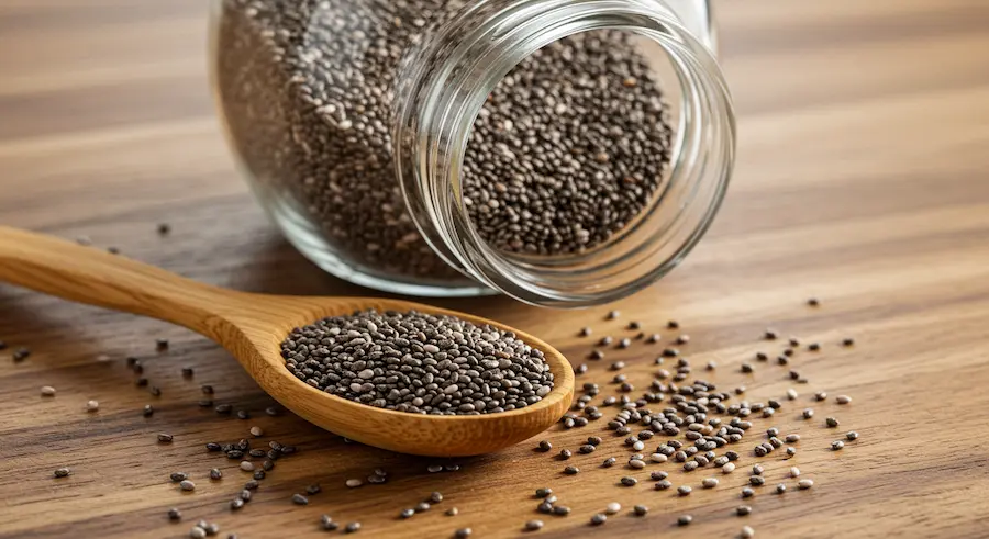 colher de madeira com chia ao lado de um pote de vidro com chia