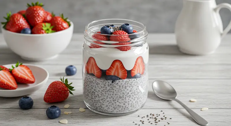 Pote com pudim de chia com leite de côco e frutas vermelhas